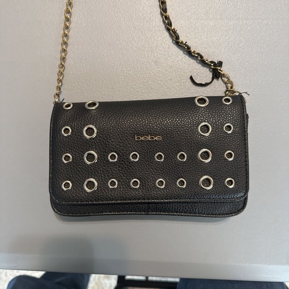 bebe Handbags - Bebe Black Pebbled Faux Leather Grommet Crossbody Wallet Bag Gold Chain Strap